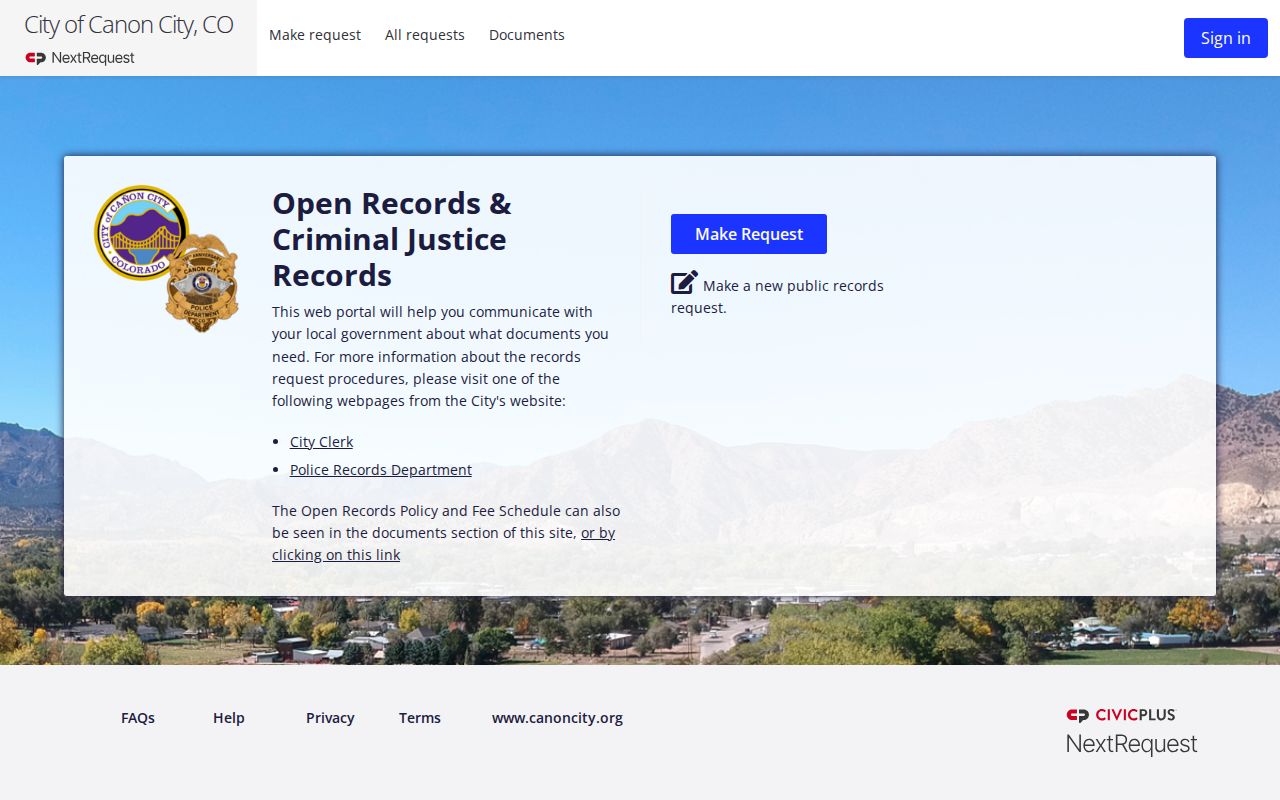 Cañon City NextRequest arrest records request portal