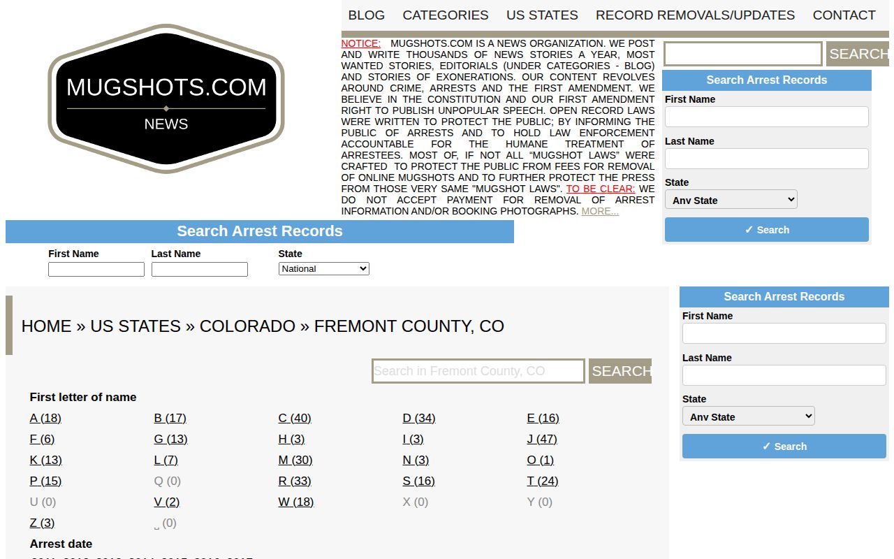 Unofficial Mugshots.com Fremont County archival page