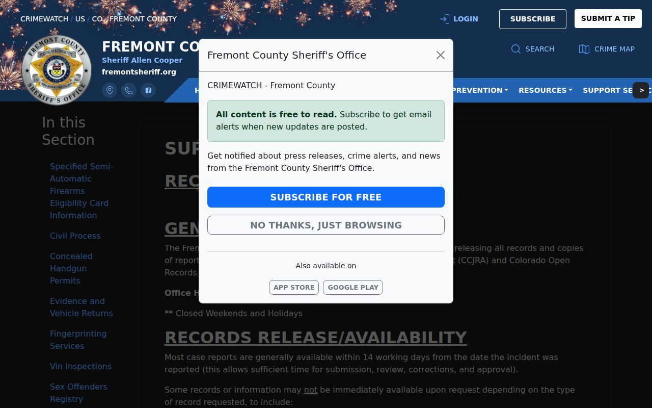 Fremont County booking record and photograph request policy