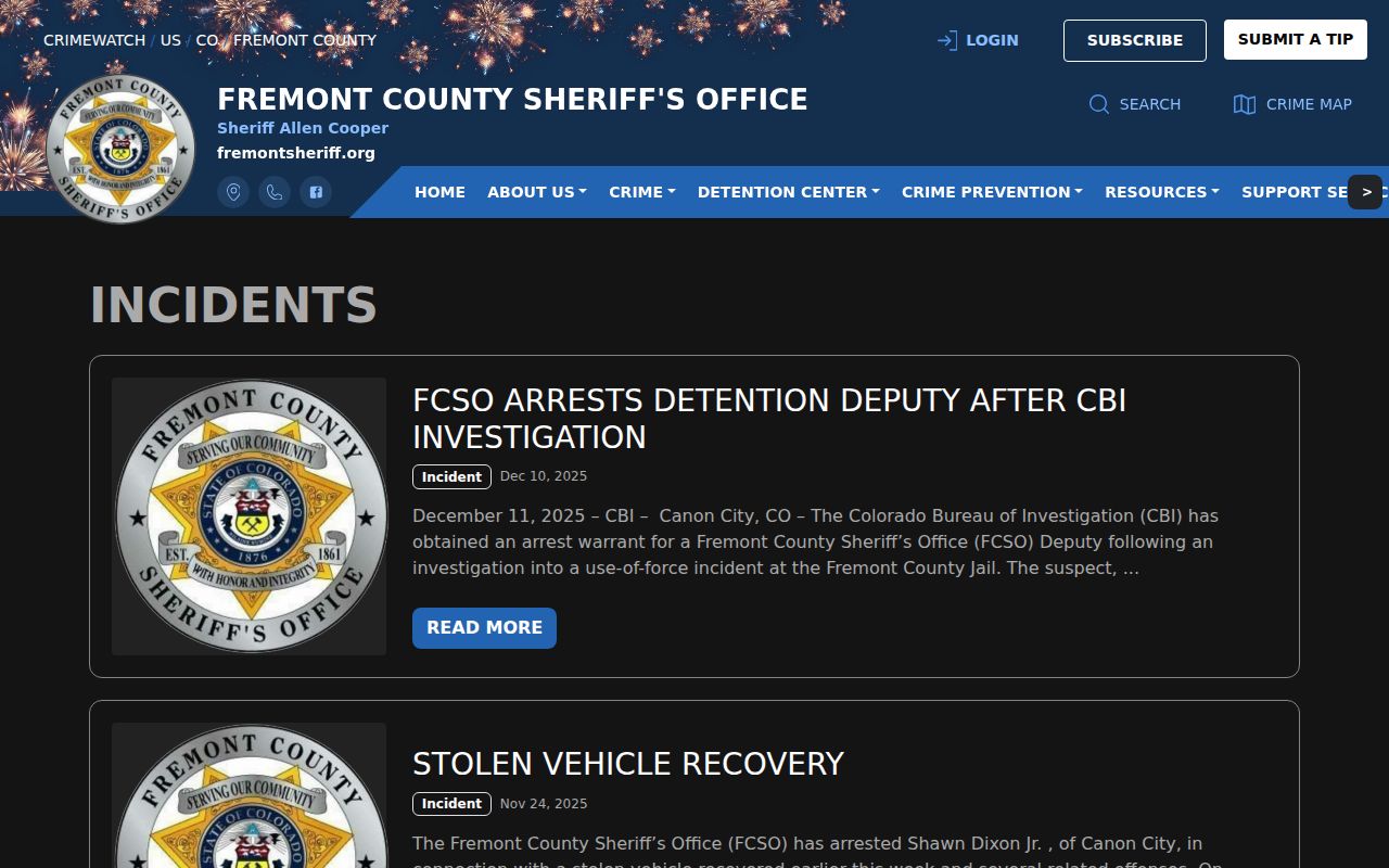 Fremont County sheriff incident blotter for Williamsburg arrest context